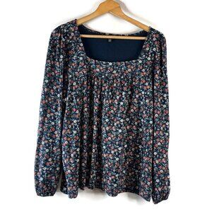 Lucky Brand Womens Blouse Top Size XL Navy Blue Floral Square Neck Long Sleeve